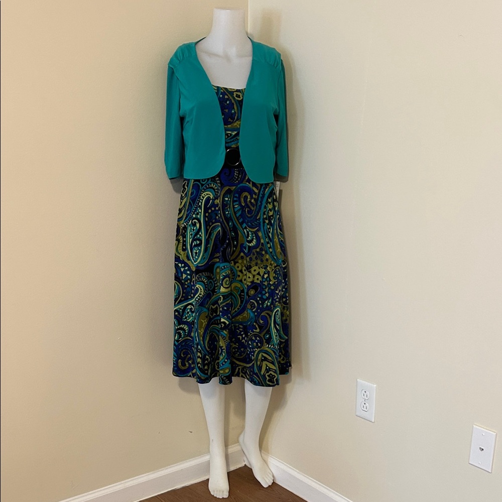 R & M Richards Blue and Green Paisley Midi Dress with Teal Jacket